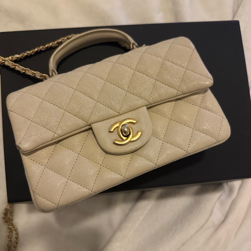 Chanel Caviar Quilted Mini Top Handle Rectangular Flap Beige * SUPER RARE